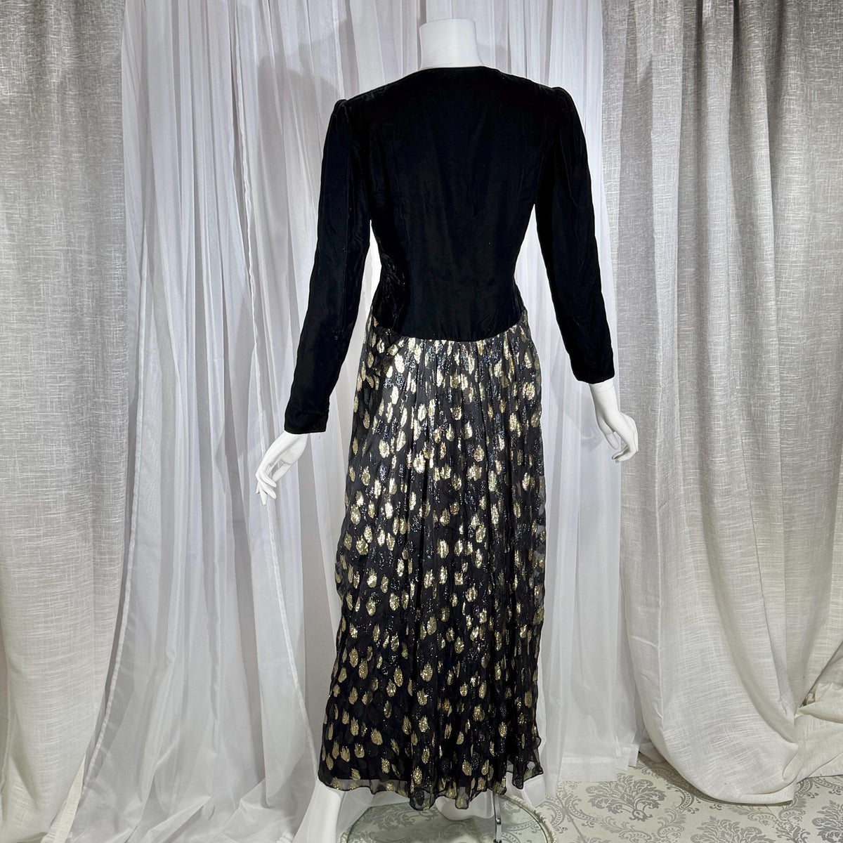 vintage GIVENCHY evening dress gown, 1970s Nouvelle Boutique Black Gold Velvet Silk Metallic