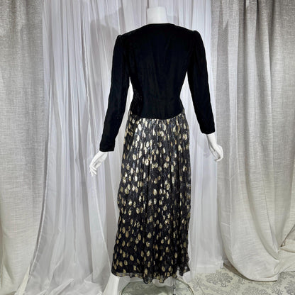 vintage GIVENCHY evening dress gown, 1970s Nouvelle Boutique Black Gold Velvet Silk Metallic