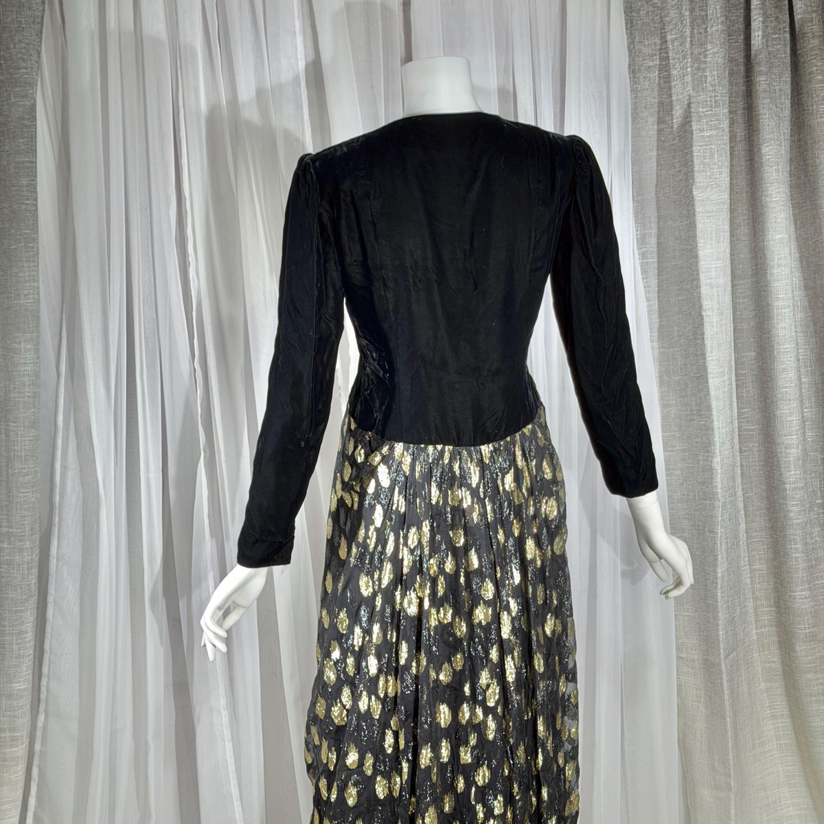 vintage GIVENCHY evening dress gown, 1970s Nouvelle Boutique Black Gold Velvet Silk Metallic