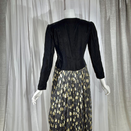vintage GIVENCHY evening dress gown, 1970s Nouvelle Boutique Black Gold Velvet Silk Metallic