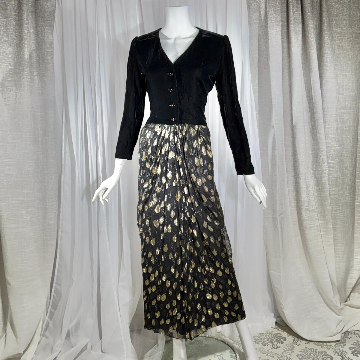 vintage GIVENCHY evening dress gown, 1970s Nouvelle Boutique Black Gold Velvet Silk Metallic
