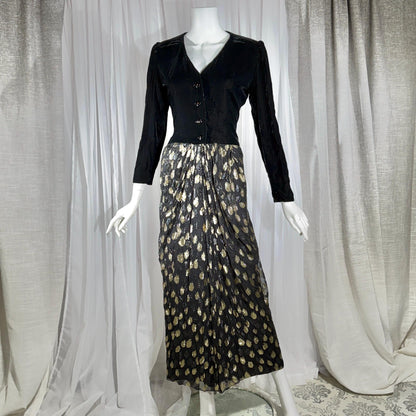 vintage GIVENCHY evening dress gown, 1970s Nouvelle Boutique Black Gold Velvet Silk Metallic