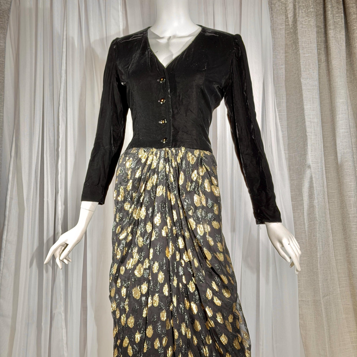 vintage GIVENCHY evening dress gown, 1970s Nouvelle Boutique Black Gold Velvet Silk Metallic