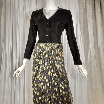 vintage GIVENCHY evening dress gown, 1970s Nouvelle Boutique Black Gold Velvet Silk Metallic