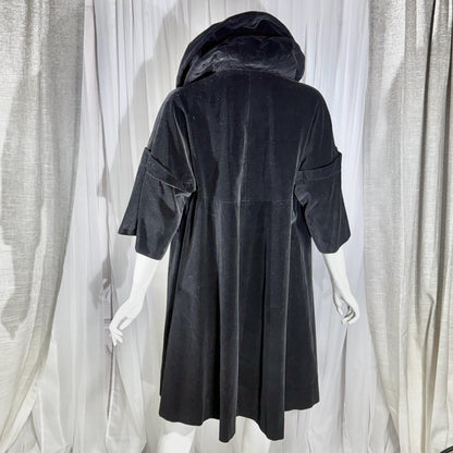 Vintage 1950s evening coat, Black cotton velvet cocktail swing trapeze opera coat Medium