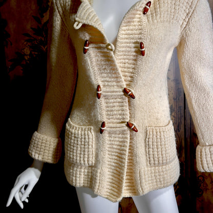 vintage 1970s Irish Wool Cardigan Sweater, FALCARRAGH hooded toggle button sweater