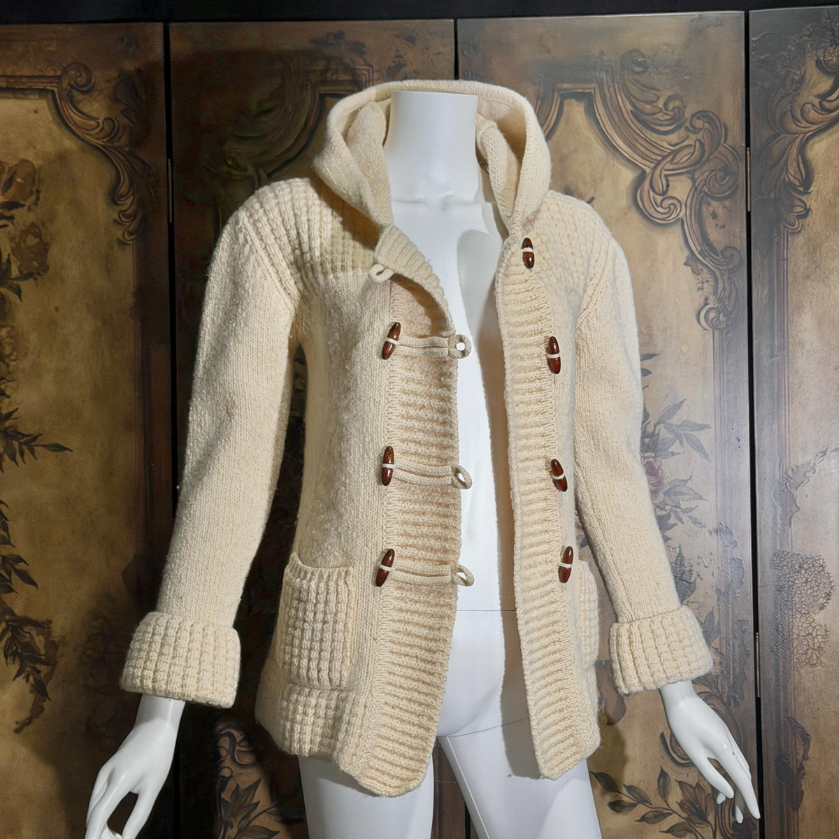 vintage 1970s Irish Wool Cardigan Sweater, FALCARRAGH hooded toggle button sweater