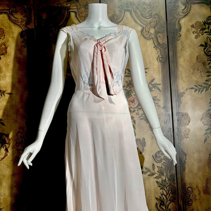 vintage 1930s Nightgown Slip Dress, Silky Pink & Blue Bias Cut Rayon Appliques lingerie dress