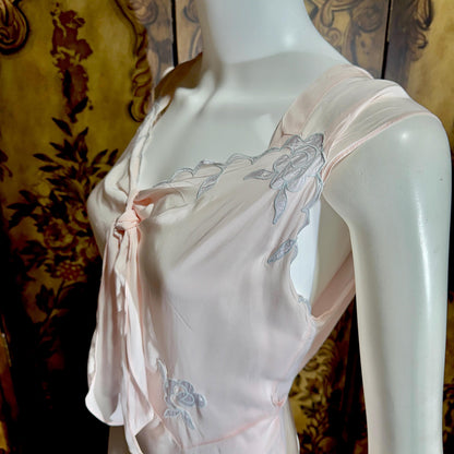 vintage 1930s Nightgown Slip Dress, Silky Pink & Blue Bias Cut Rayon Appliques lingerie dress