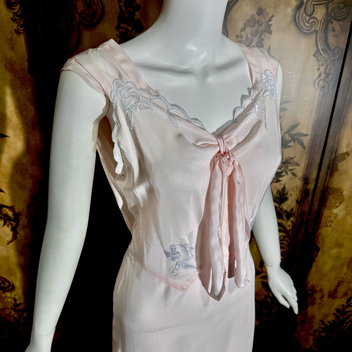 vintage 1930s Nightgown Slip Dress, Silky Pink & Blue Bias Cut Rayon Appliques lingerie dress