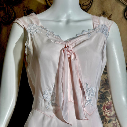 vintage 1930s Nightgown Slip Dress, Silky Pink & Blue Bias Cut Rayon Appliques lingerie dress
