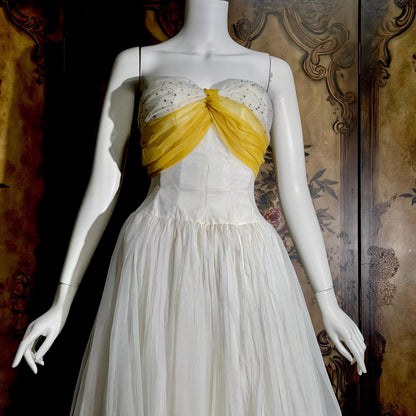 vintage 1950s Cupcake Ball Gown, White Gold Chiffon Scarf Evening Prom dress