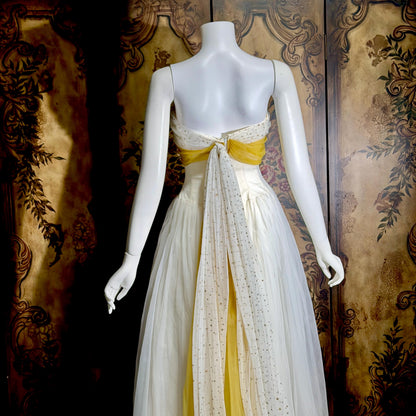 vintage 1950s Cupcake Ball Gown, White Gold Chiffon Scarf Evening Prom dress