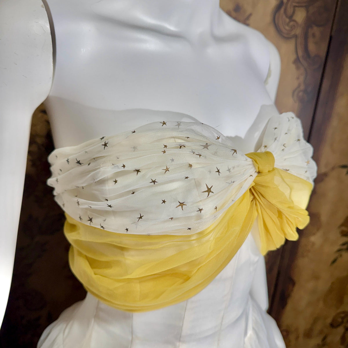 vintage 1950s Cupcake Ball Gown, White Gold Chiffon Scarf Evening Prom dress