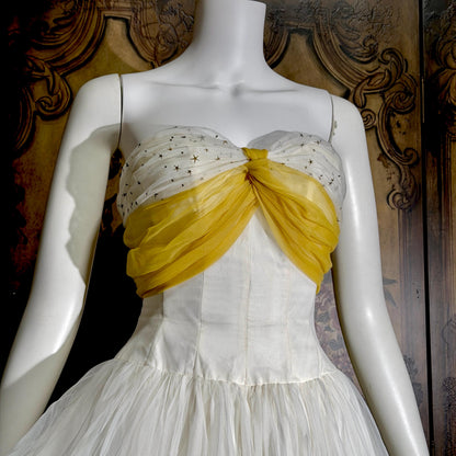 vintage 1950s Cupcake Ball Gown, White Gold Chiffon Scarf Evening Prom dress