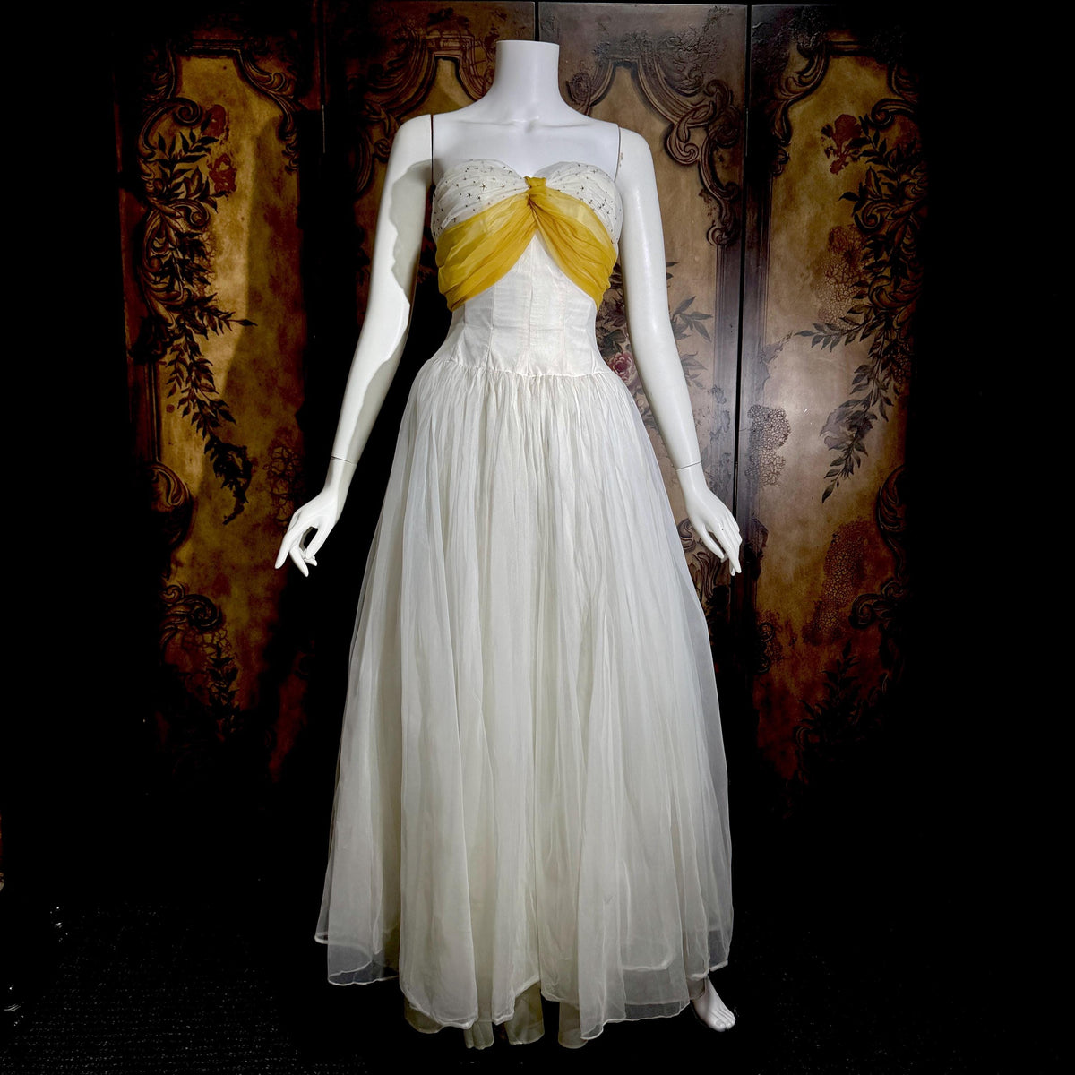 vintage 1950s Cupcake Ball Gown, White Gold Chiffon Scarf Evening Prom dress