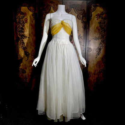 vintage 1950s Cupcake Ball Gown, White Gold Chiffon Scarf Evening Prom dress
