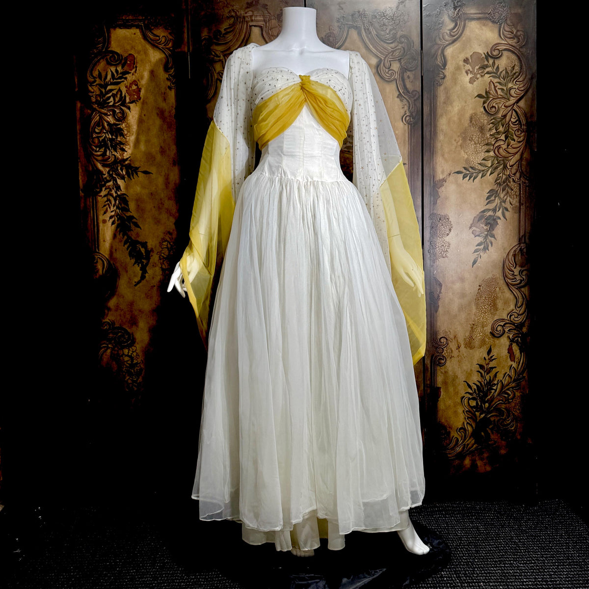 vintage 1950s Cupcake Ball Gown, White Gold Chiffon Scarf Evening Prom dress