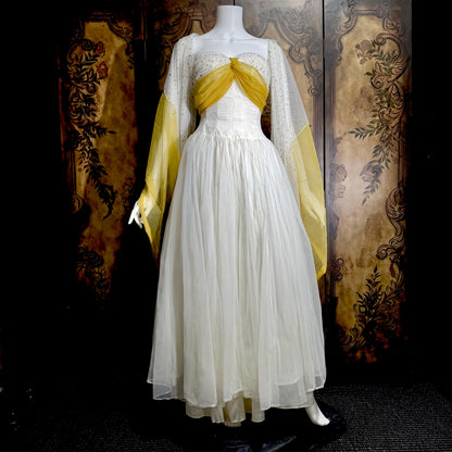 vintage 1950s Cupcake Ball Gown, White Gold Chiffon Scarf Evening Prom dress