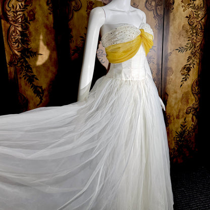 vintage 1950s Cupcake Ball Gown, White Gold Chiffon Scarf Evening Prom dress