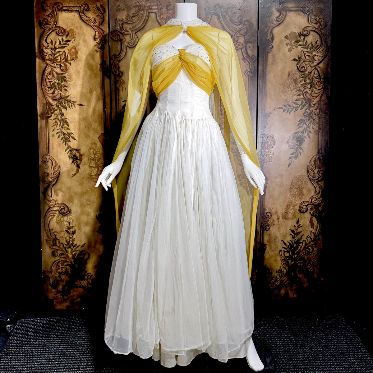 vintage 1950s Cupcake Ball Gown, White Gold Chiffon Scarf Evening Prom dress