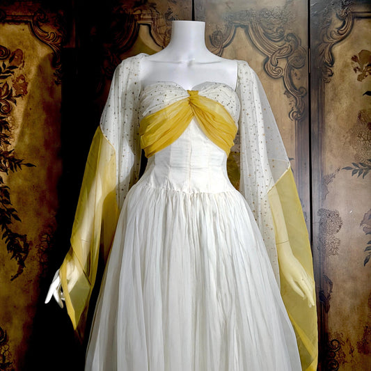 vintage 1950s Cupcake Ball Gown, White Gold Chiffon Scarf Evening Prom dress
