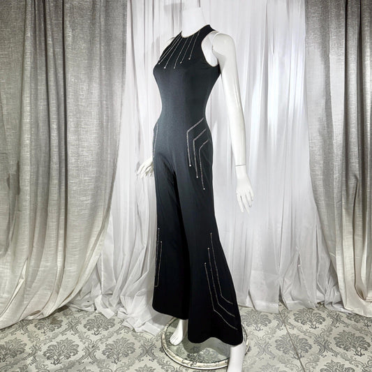 ESTIVO vintage 1970s bell bottom jumpsuit, black poly knit disco jumpsuit, embroidery & rhinestones