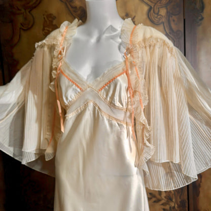 Vintage ZANDRA RHODES Peignoir Set, 1970s Peach Signature Pleat nightgown robe lingerie dress set