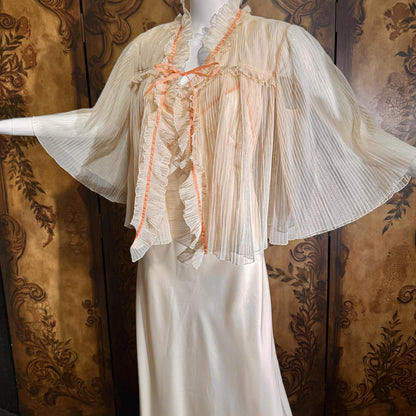 Vintage ZANDRA RHODES Peignoir Set, 1970s Peach Signature Pleat nightgown robe lingerie dress set
