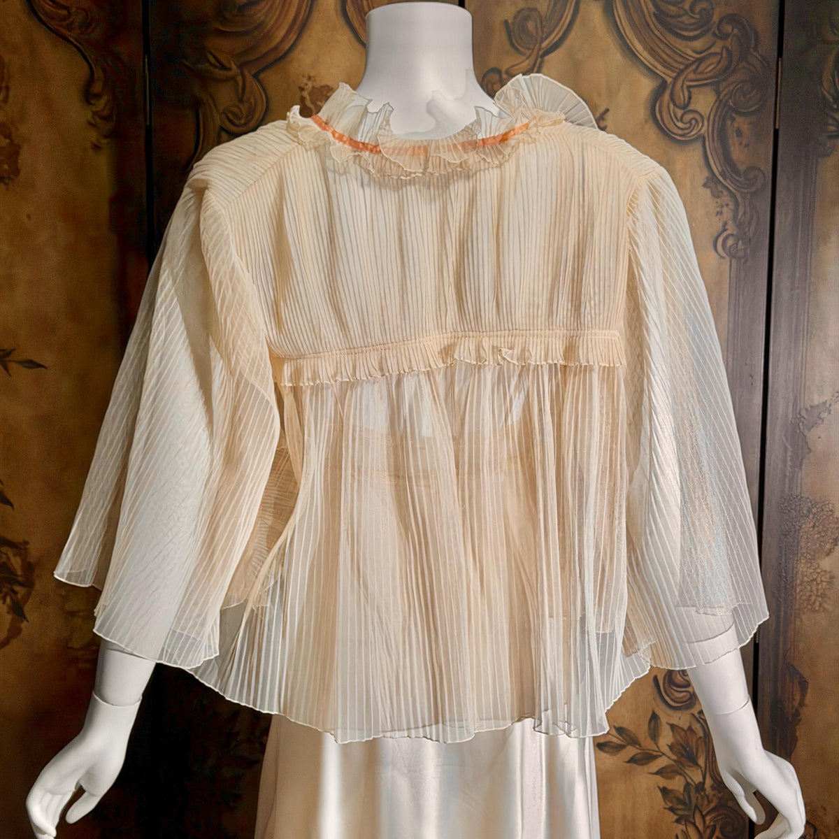Vintage ZANDRA RHODES Peignoir Set, 1970s Peach Signature Pleat nightgown robe lingerie dress set