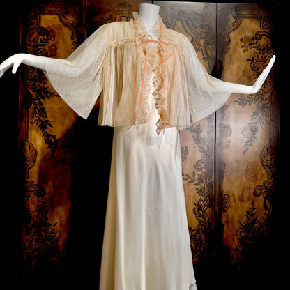 Vintage ZANDRA RHODES Peignoir Set, 1970s Peach Signature Pleat nightgown robe lingerie dress set