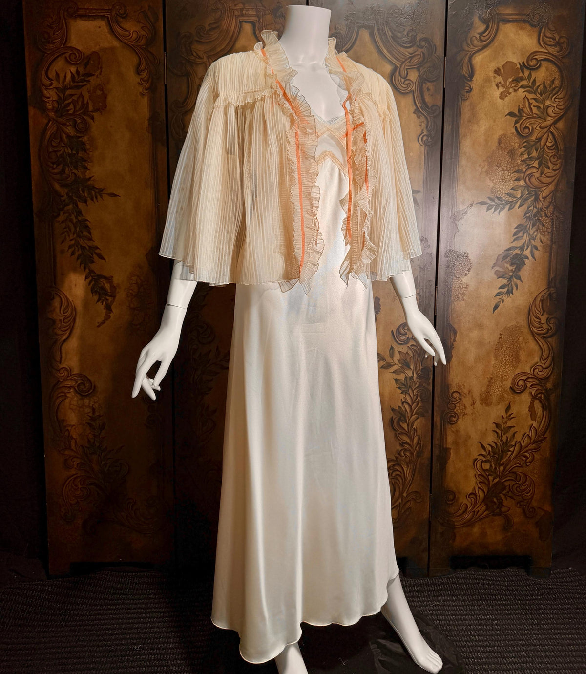 Vintage ZANDRA RHODES Peignoir Set, 1970s Peach Signature Pleat nightgown robe lingerie dress set