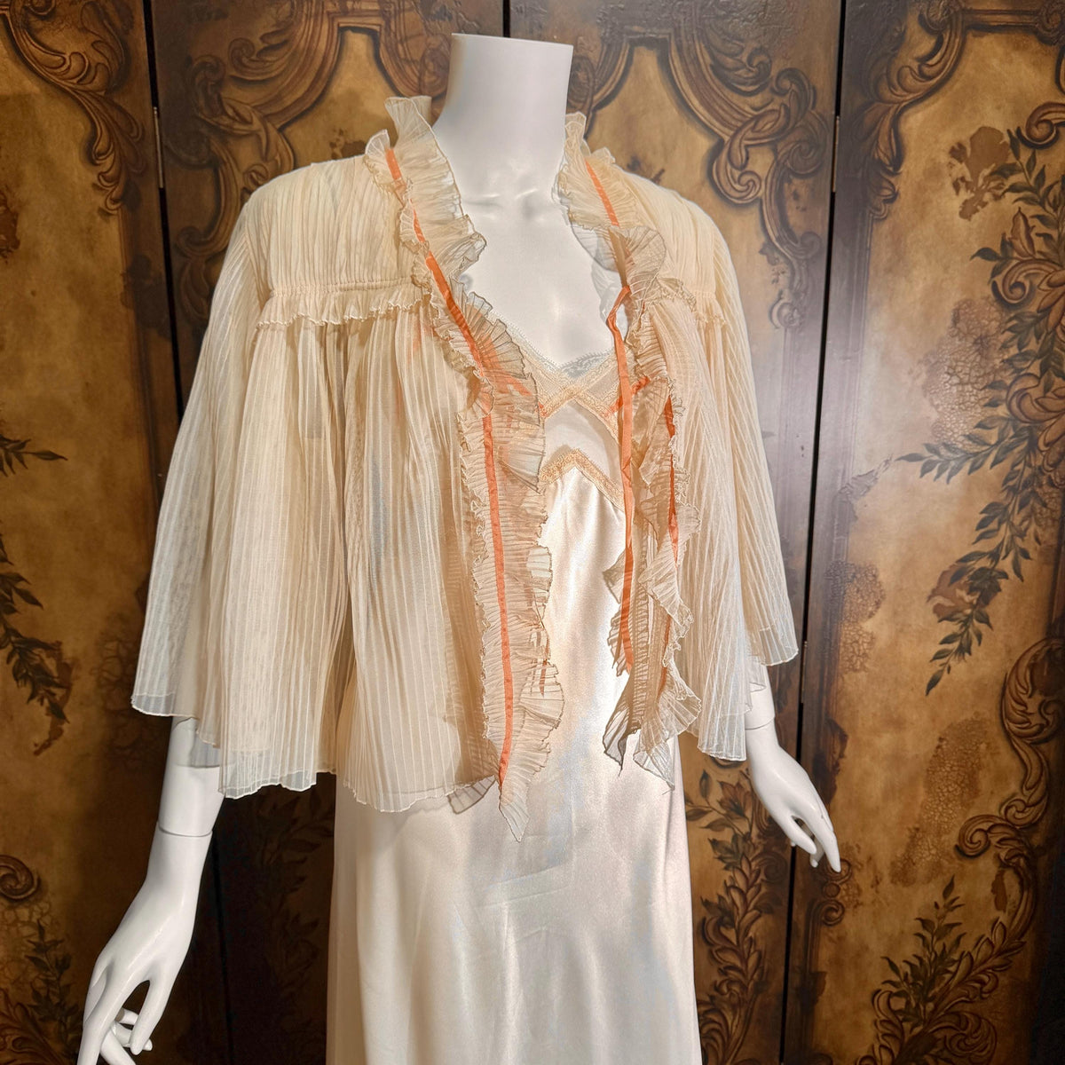 Vintage ZANDRA RHODES Peignoir Set, 1970s Peach Signature Pleat nightgown robe lingerie dress set