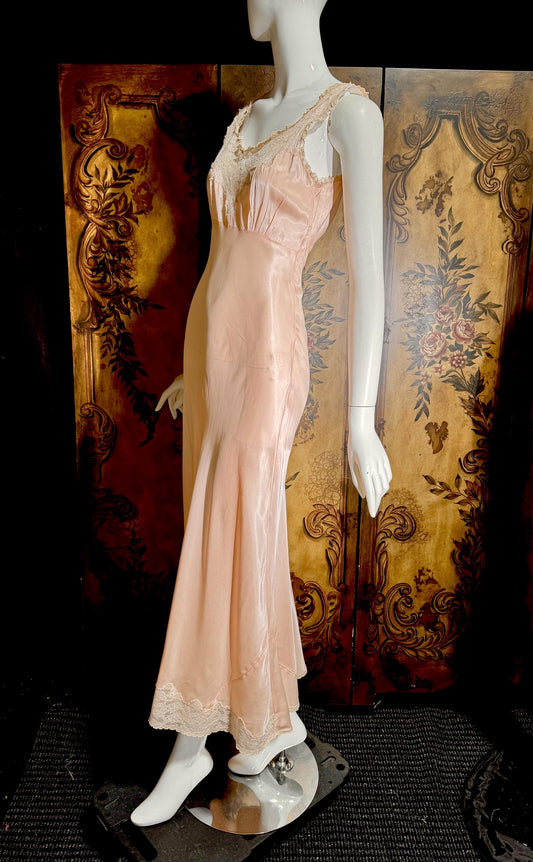 vintage 1930s nightgown slip dress, Peachy Pink bias cut rayon lingerie dress