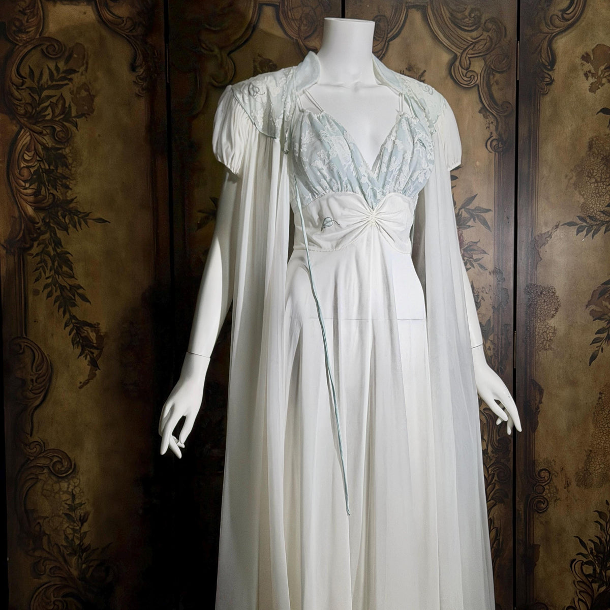 Vintage CLAIRE SANDRA nightgown peignoir set, 1950s Lucie Ann White Blue slip dress robe lingerie set