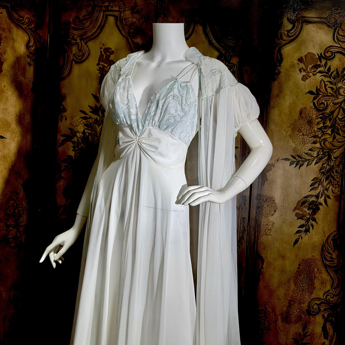 Vintage CLAIRE SANDRA nightgown peignoir set, 1950s Lucie Ann White Blue slip dress robe lingerie set