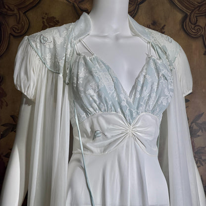 Vintage CLAIRE SANDRA nightgown peignoir set, 1950s Lucie Ann White Blue slip dress robe lingerie set