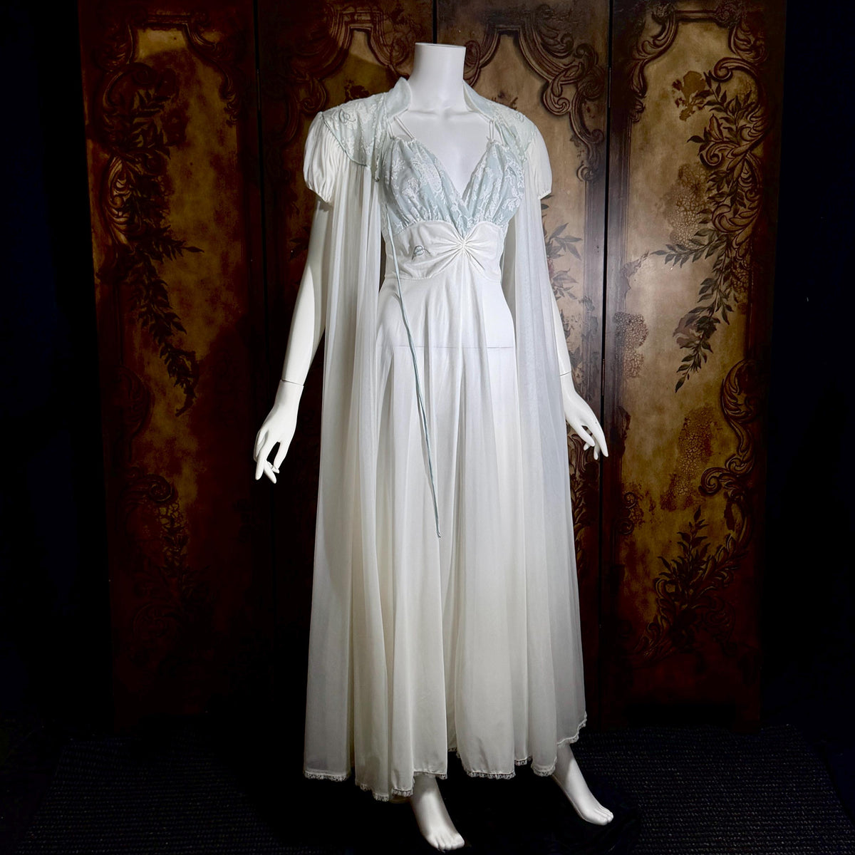 Vintage CLAIRE SANDRA nightgown peignoir set, 1950s Lucie Ann White Blue slip dress robe lingerie set
