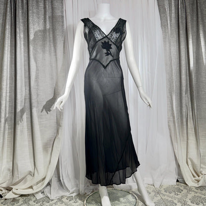 vintage 1930s Nightgown slip dress, sheer sultry black lingerie dress, bias cut with applique
