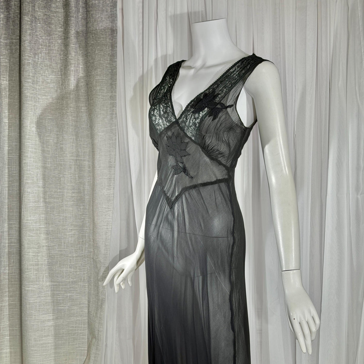 vintage 1930s Nightgown slip dress, sheer sultry black lingerie dress, bias cut with applique