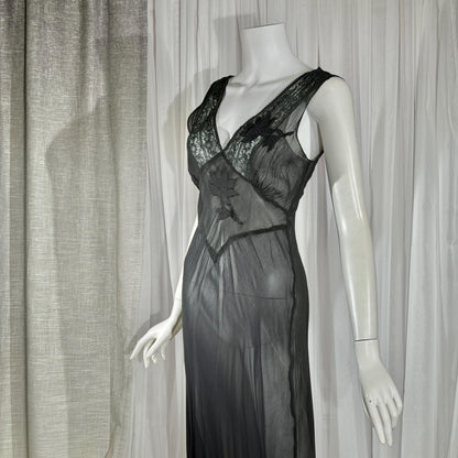 vintage 1930s Nightgown slip dress, sheer sultry black lingerie dress, bias cut with applique