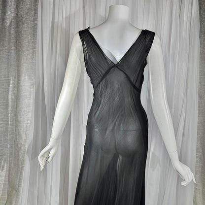 vintage 1930s Nightgown slip dress, sheer sultry black lingerie dress, bias cut with applique
