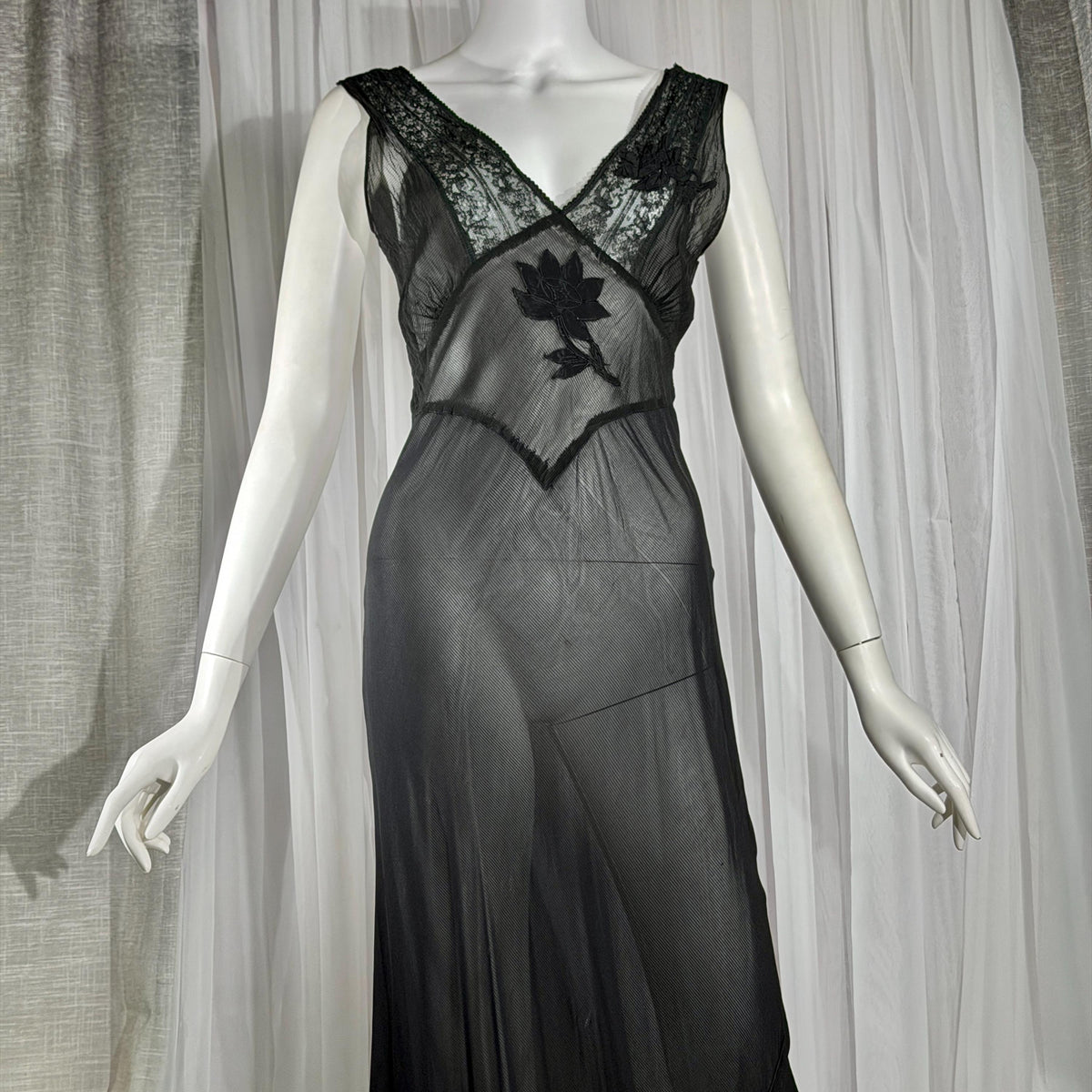 vintage 1930s Nightgown slip dress, sheer sultry black lingerie dress, bias cut with applique