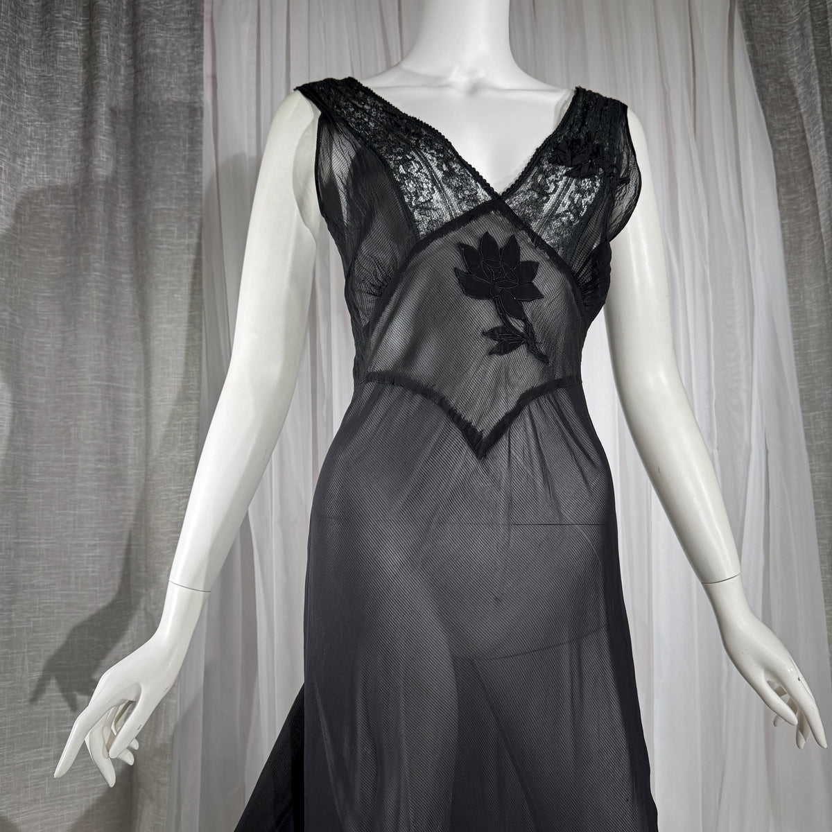 vintage 1930s Nightgown slip dress, sheer sultry black lingerie dress, bias cut with applique