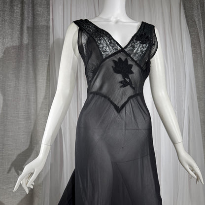 vintage 1930s Nightgown slip dress, sheer sultry black lingerie dress, bias cut with applique