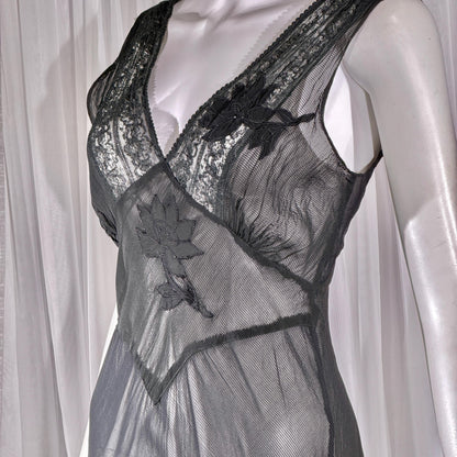 vintage 1930s Nightgown slip dress, sheer sultry black lingerie dress, bias cut with applique