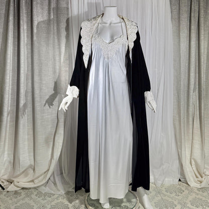 Vintage GEORGETTE TRABOLSI Peignoir Set, 1980s black velvet robe white nightgown lingerie dress set