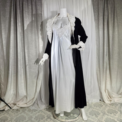 Vintage GEORGETTE TRABOLSI Peignoir Set, 1980s black velvet robe white nightgown lingerie dress set