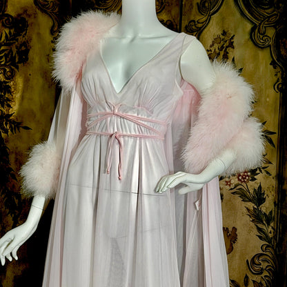 Vintage INTIME nightgown peignoir set, 1960s frothy pink marabou slip dress robe lingerie gown