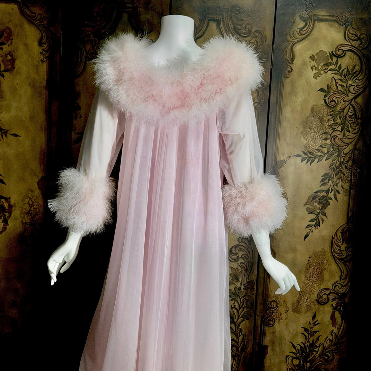 Vintage INTIME nightgown peignoir set, 1960s frothy pink marabou slip dress robe lingerie gown